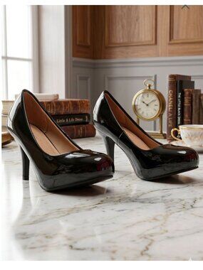 Black Patent Leather High Heels With Round Toe & Stiletto Heel For Women